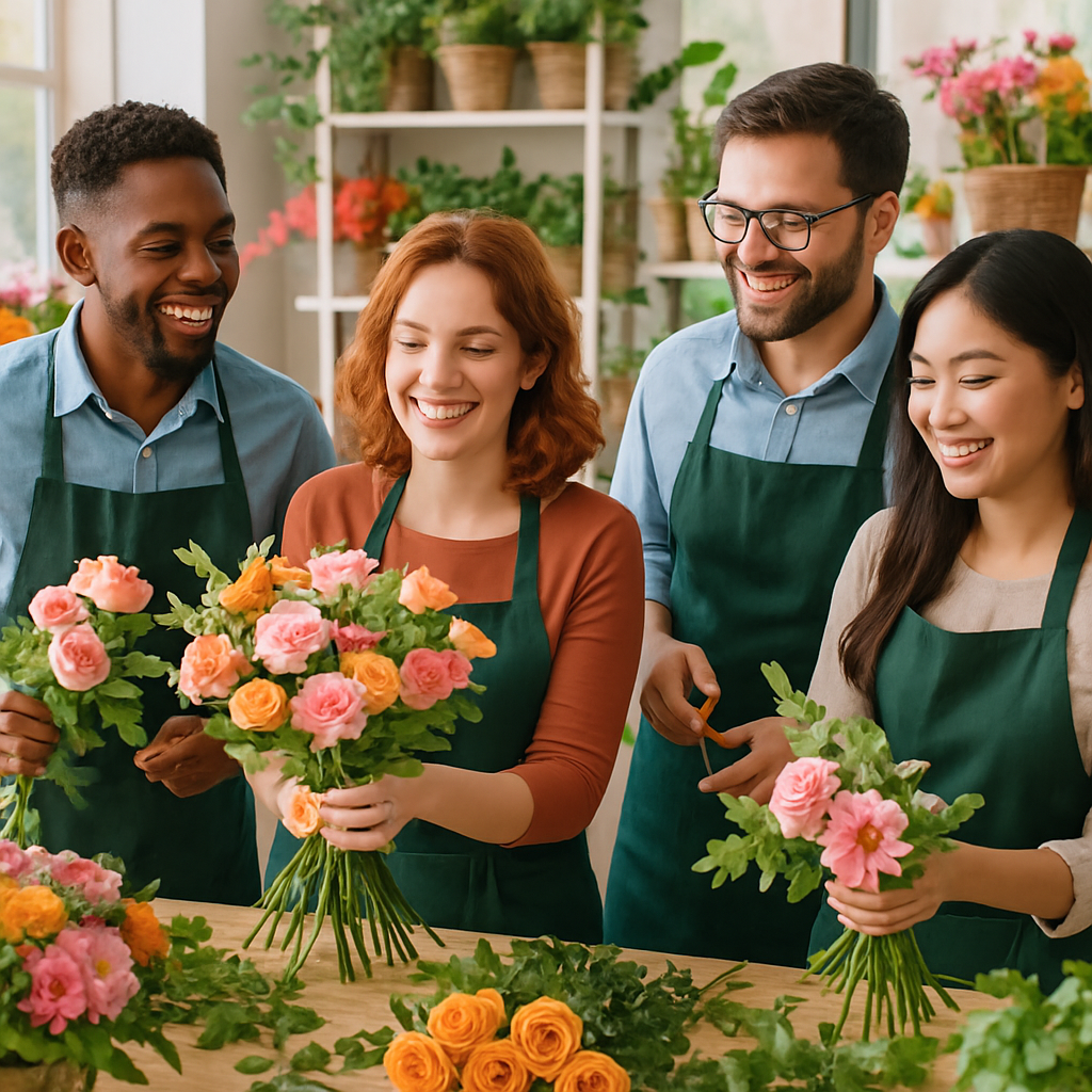 A cheerful team of florists working together