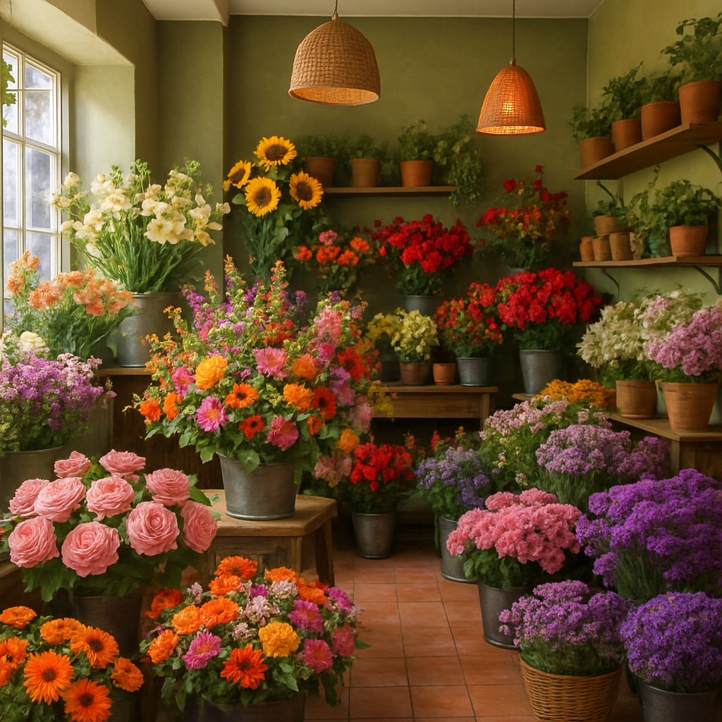 The interior of a beautiful floral shop with various bouquets